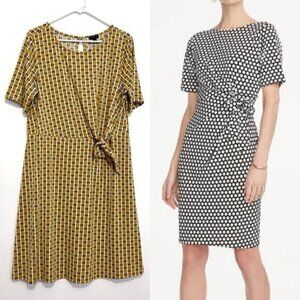 ANN TAYLOR Factory Faux Wrap Dress Mustard Navy Geometric Side Tie Fit & Flare L